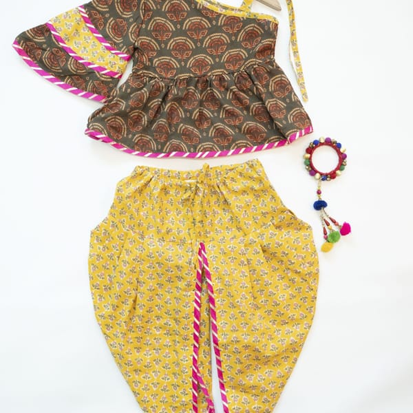 Printed Organic Cotton One Shoulder Top With Printed Dhoti