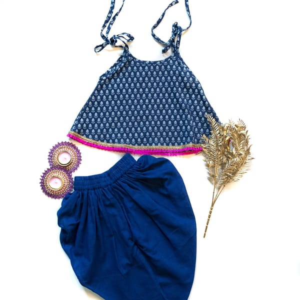 Stylish Blue Printed Lace Work Top With Dhoti