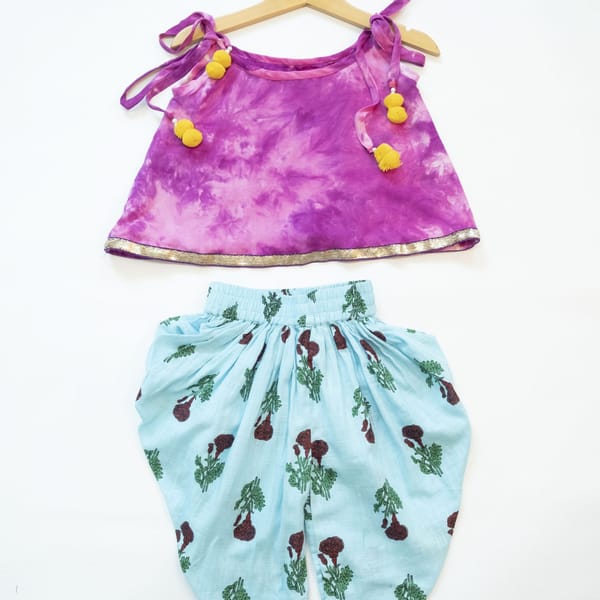 Tie And Dye Purple Spaghetti Top With Floral Dhoti