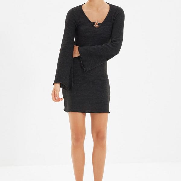 V-Neck Knitted Bell Sleeve Women's Dress - Black