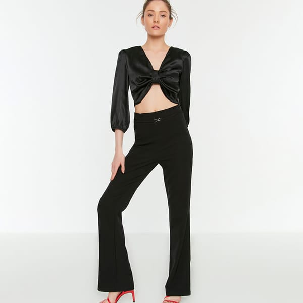 Black High Waist Flared Slit Women's Pants