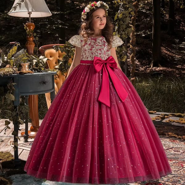 Elegant Girls' Wedding & Party Dress with Embroidery and Bow