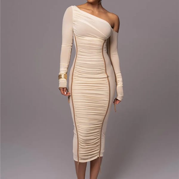 Long Sleeve Backless Midi Bodycon Dress with Mesh Layers