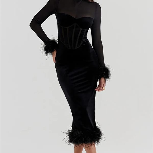 Sheer Long Sleeve Feather Detail Midi Dress
