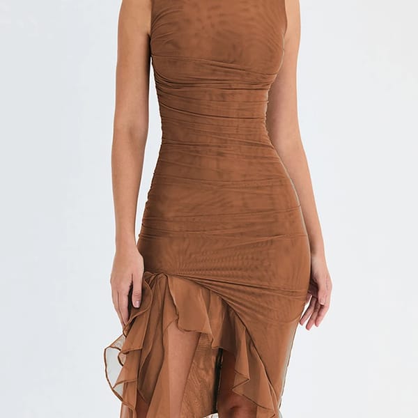 Elegant Ruffle Ruched Midi Dress – Chic Club Party Style