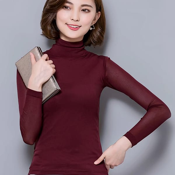 Lace Turtleneck Chiffon Blouse for Women