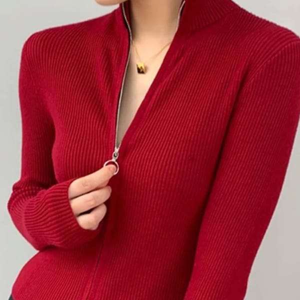 Knitted Zipper Cardigan with Stand-Up Collar