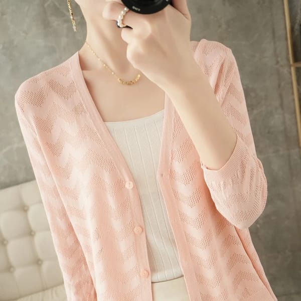 Lightweight Knitted Cardigan with Beaded Hollow Design