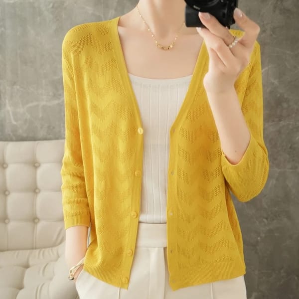 Lightweight Knitted Cardigan with Beaded Hollow Design