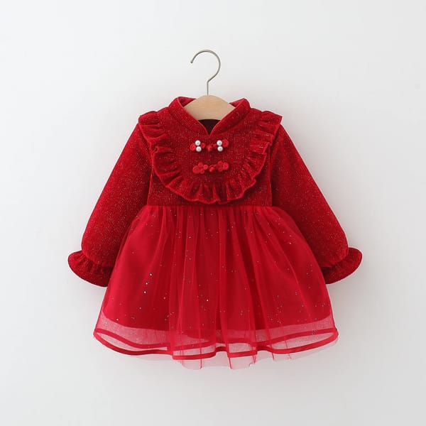 Red Winter Baby Girl Princess Dress with Pearls
