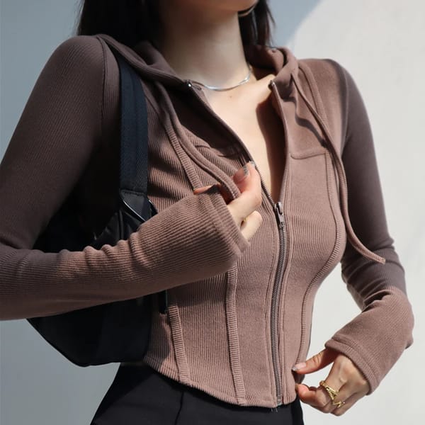 Cropped Hooded Sweatshirt with Zip-up and Sexy Curve Hem for Women