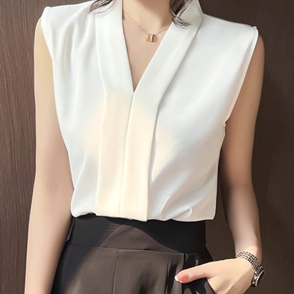 Sleeveless Chiffon V-Neck Blouse with Patchwork Design