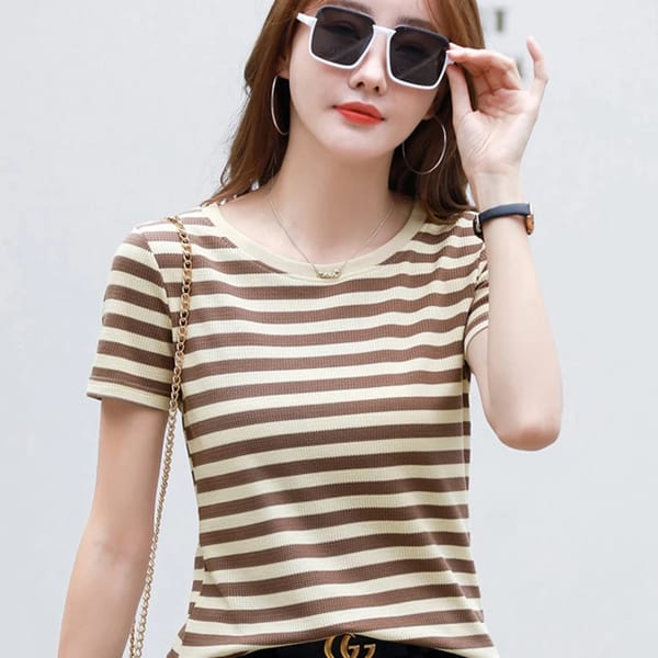 Casual Coffee Striped Cotton T-Shirt with O-Neck Design