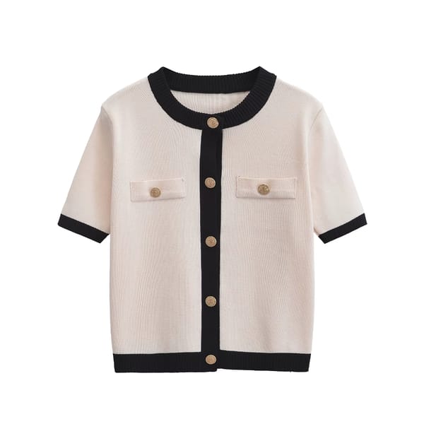 Contrast Color Knitted Crop Cardigan with Golden Button Details