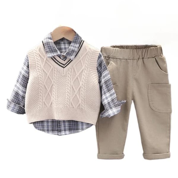 Kids Plaid Shirt Vest and Pants Set for Autumn Wear