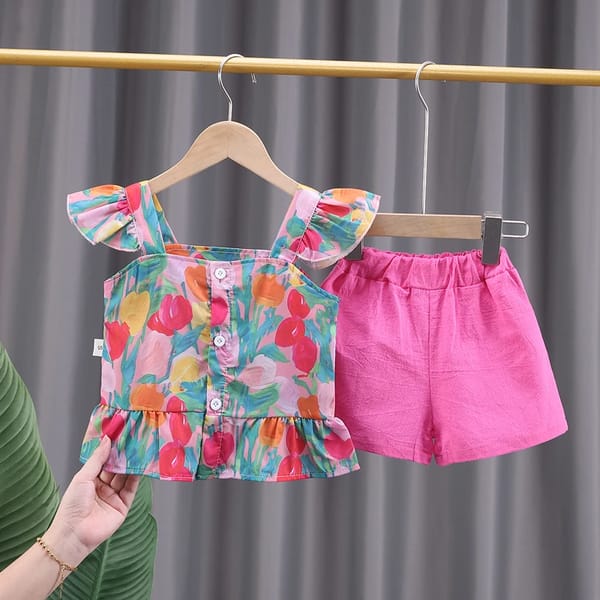 Ruffle Sleeveless Top and Floral Shorts Summer Outfit Set