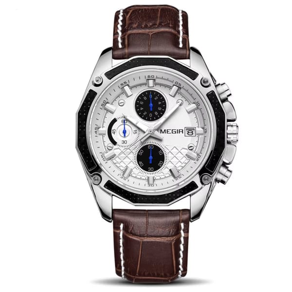 Large Dial Men's Sports Chronograph Watch with Leather Strap