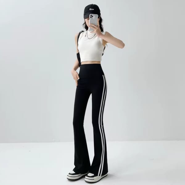 High-Waist Striped Micro Flared Pants with Pockets for Women