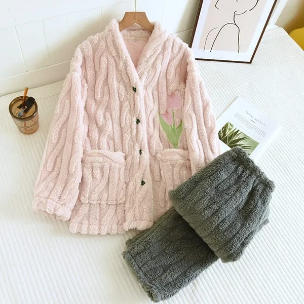 Flannel Long-Sleeve Two-Piece Set for Winter Lounging
