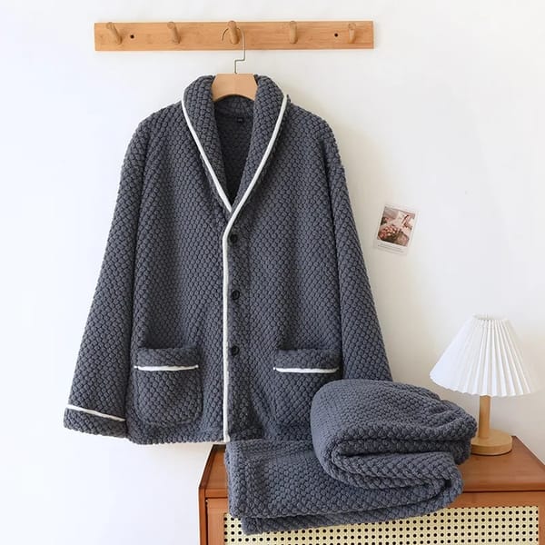 Flannel Winter Couple Pajama Set - V-Neck Button, Warm & Cozy