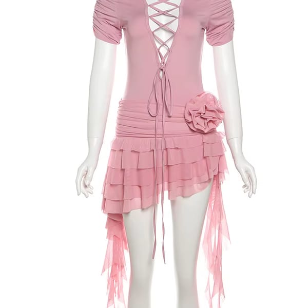 Trendy Ruffle Mini Dress with Tassel Detail and Drawstring