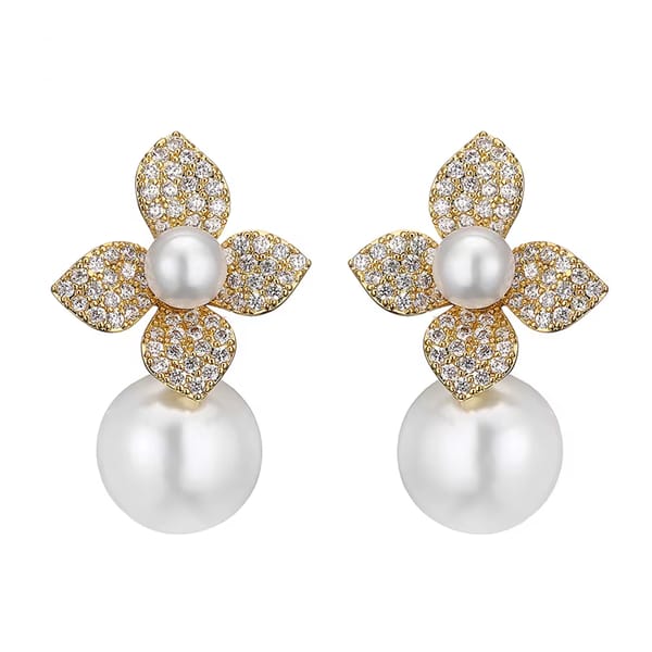 Elegant Imitation Pearl Flower Drop Earrings with Cubic Zirconia
