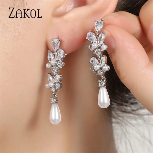 Elegant Imitation Pearl Dangle Earrings with Zircon Flower Detail