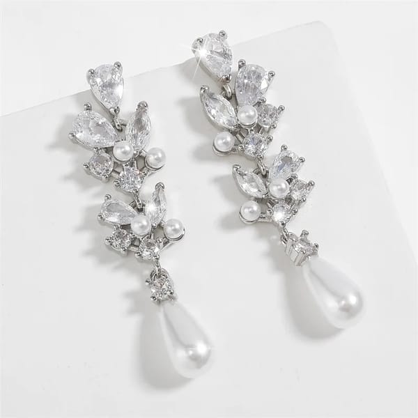 Elegant Imitation Pearl Dangle Earrings with Zircon Flower Detail