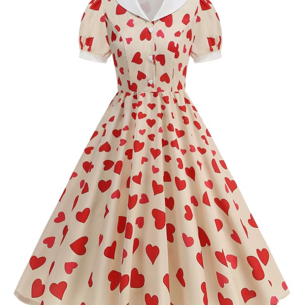 Vintage Heart Print Puff Sleeve Dress with Contrast Collar