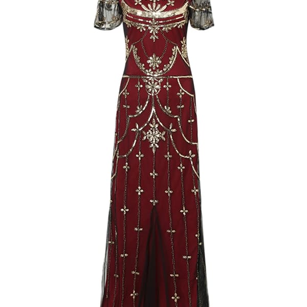Elegant Vintage Sequin Beaded Gown with Mesh Overlay