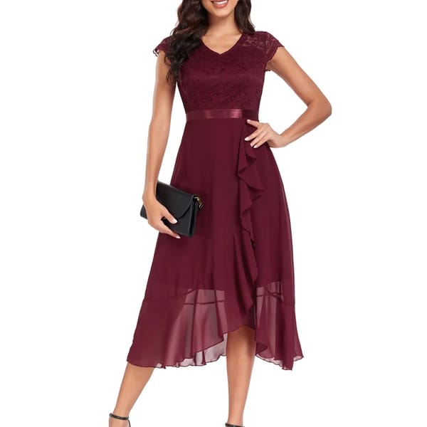 Elegant Lace Asymmetrical Hem Dress with Ruffles for Parties
