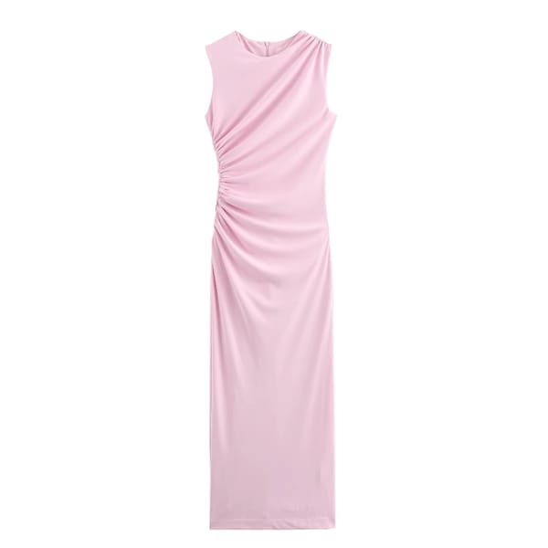 High Street Slim Fit Midi Dress for Women Draped Round Neck Sleeveless Back Slit Chic