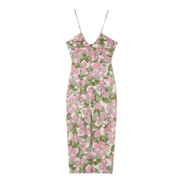 Women's Linen Blended Flower Print Dress V-Neck Adjustable Straps Open Back Tie Front Split