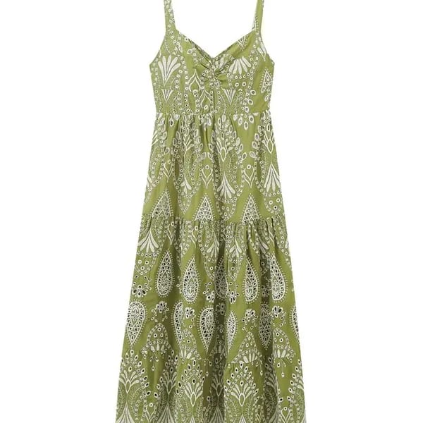 Elegant V-Neck Embroidered Midi Dress for Effortless Vacation Style