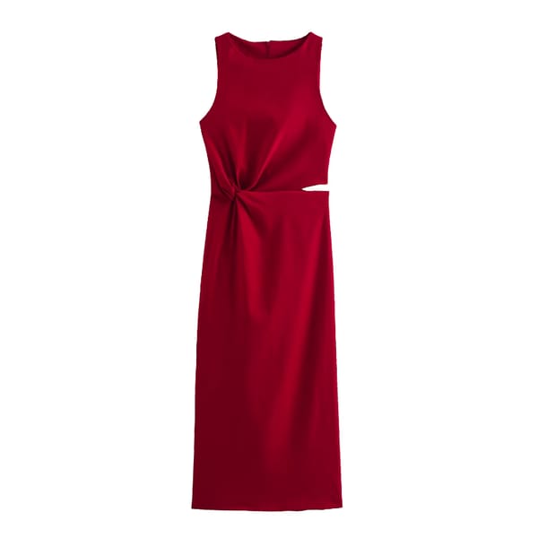 High Street Women's Midi Dress Sleeveless Round Neck Female Draped Fashion Cut-Out Front Design