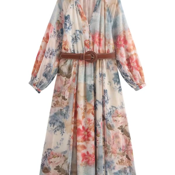 Elegant Floral Print V-Neck Midi Dress with Belt