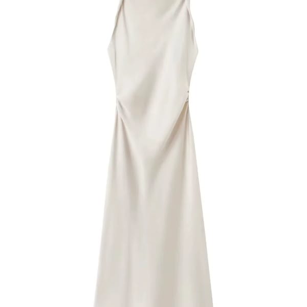 Elegant Sleeveless Satin Midi Dress with Ruched Detailing