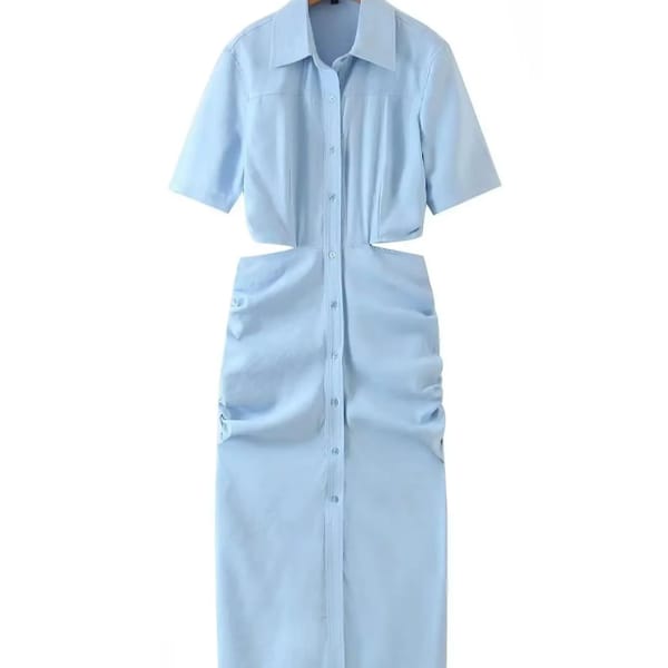 Elegant Hollow Waist Midi Shirt Dress with Pleated Design