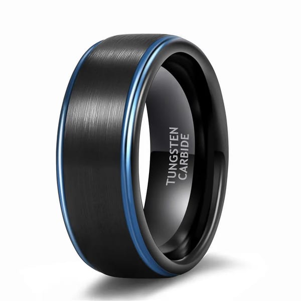 Stylish Black Tungsten Ring with Blue Line for Men