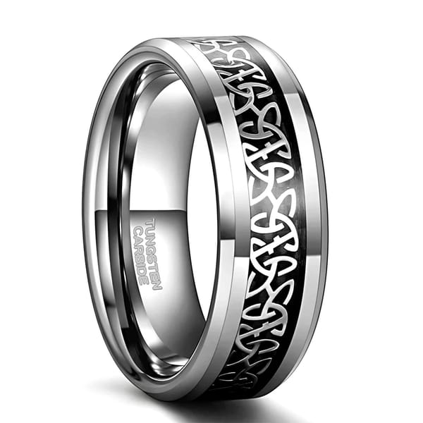 Tungsten Wedding Bands with Beveled Edge and Celtic Knot Design