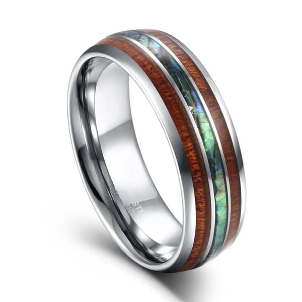 8mm Tungsten Carbide Ring with Hawaiian Koa Wood and Abalone Shell Inlay