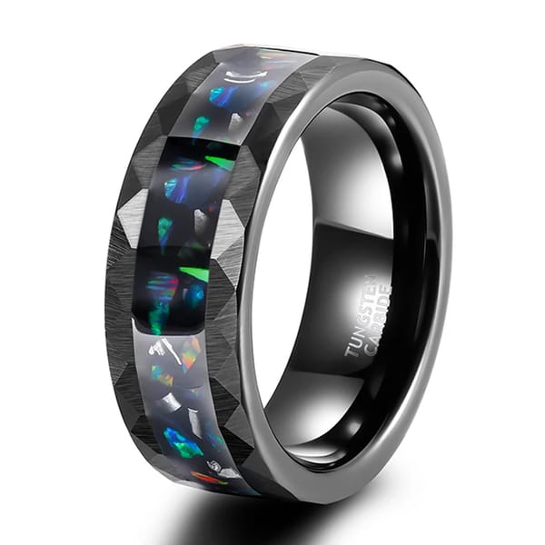 Sleek Tungsten Men's Wedding Ring with Opal and Metal Inlay