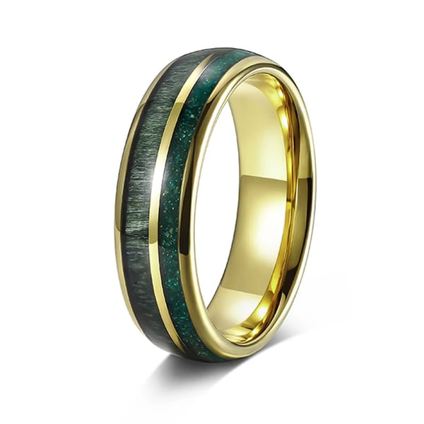 Elegant Tungsten Wedding Ring with Green Opal and Wood Inlay