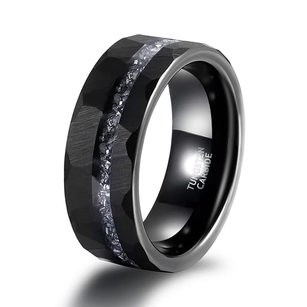 Sleek Tungsten Carbide Wedding Band with Hammered Pattern and Inlay