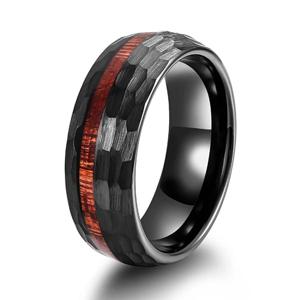 Multifaceted Tungsten Carbide Ring with Wood Inlay for Men