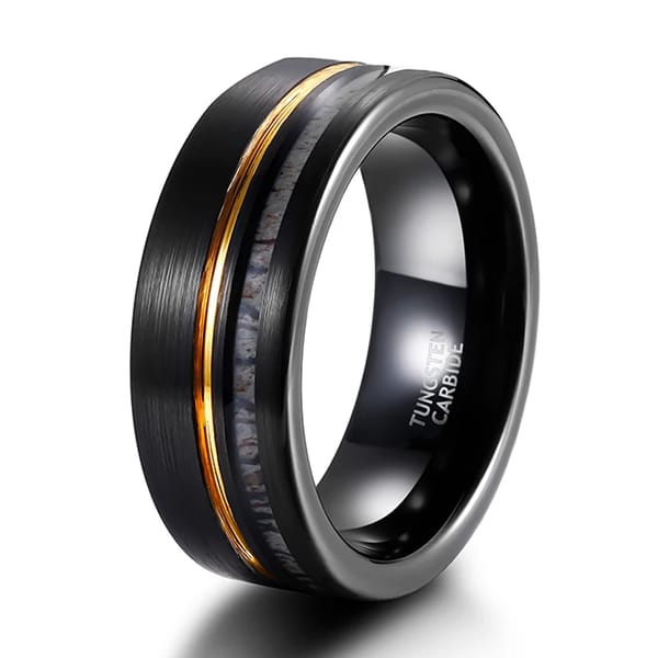 8mm Tungsten Carbide Ring with Deer Antler and Gold Inlay