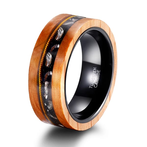 8mm Tungsten Ring with Olive Wood and Guitar String Inlay