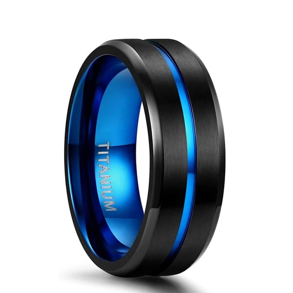Titanium Wedding Band with Blue Center Groove – Matte Finish