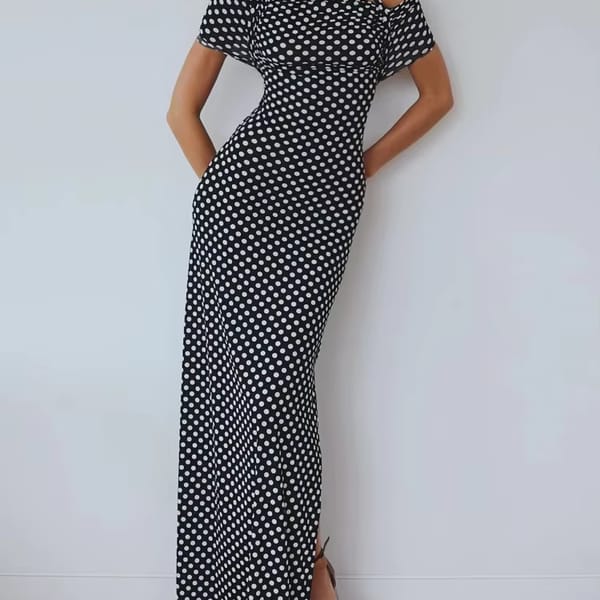 Elegant Off-Shoulder Polka Dot Maxi Dress with Split Hem