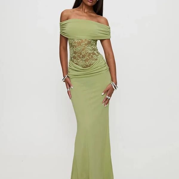 Off-Shoulder Lace Sheer Maxi Dress for Women, Bodycon Party Gown
